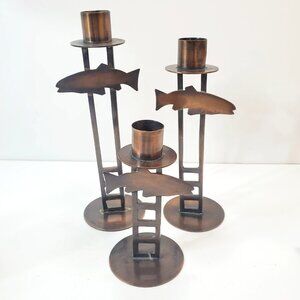 Set of 3 Vintage Midwest of Cannon Falls Copper Tone Fish Taper Candle Holders